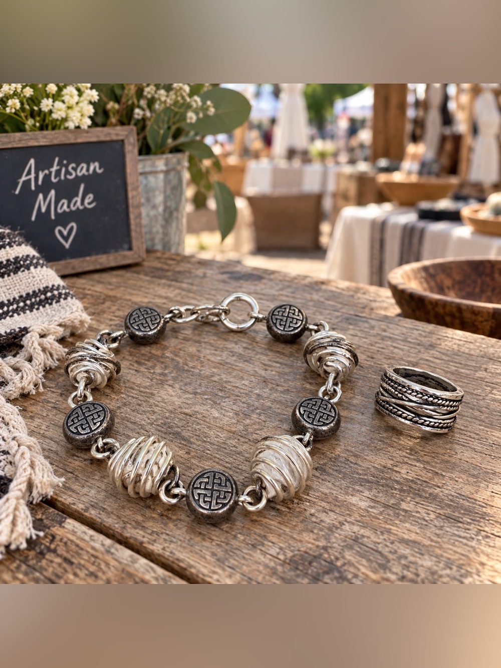 Artisan hand crafted wire Silver Textured Bead Bracelet Set
